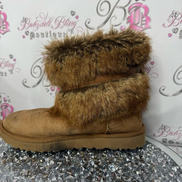 UGG CLASSIC BUCKLE MINI CHESTNUT FAUX FUR SHEARLING BOOT USA 10 rare brown furry - Picture 10 of 15
